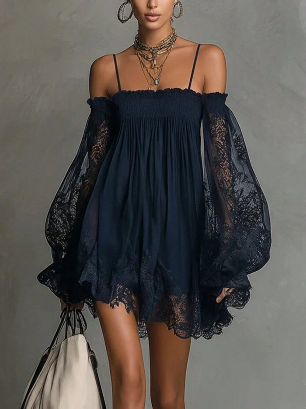 Blue Elegant Women's Off-Shoulder Puff Sleeve Ruffle Hem Swing Mini Dress